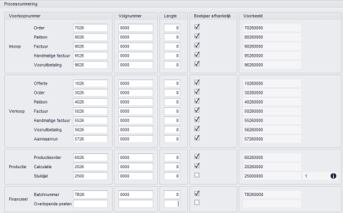 Administratie instellingen > Procesnummering 2026